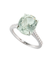 A pedido - Anillo Solitario Amatista verde en grifa brillantes en argolla de oro blanco 18k