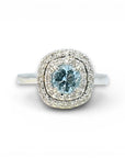 Anillo Solitario Aguamarina Doble Halo Diamantes Oro Blanco 18K