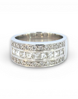 Anillo cintillo de diamantes Princess y brillantes en oro blanco 18K