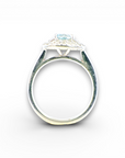 Anillo solitario aguamarina redonda doble halo diamantes oro blanco 18K