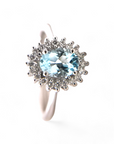 Anillo Solitario Aguamarina Oval Halo Diamantes Oro 18K