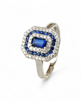 Anillo Solitario Zafiro Octogonal con Halo de diamantes y zafiros