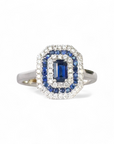 Anillo Solitario Zafiro Octogonal con Halo de diamantes y zafiros