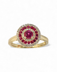 A pedido - Anillo Solitario Rubí Halo triple de brillantes y rubís en oro amarillo 18K