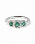 A pedido - Anillo Tricillo Esmeraldas con halo diamantes en oro blanco 18K