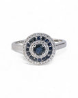 A pedido - Anillo Solitario Zafiro Halo triple de brillantes y zafiros en oro blanco 18K
