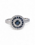 A pedido - Anillo Solitario Zafiro Halo triple de brillantes y zafiros en oro blanco 18K