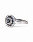 A pedido - Anillo Solitario Zafiro Halo triple de brillantes y zafiros en oro blanco 18K