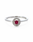 Anillo Solitario Rubí con halo de diamantes en oro 18K