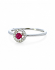 Anillo Solitario Rubí con halo de diamantes en oro 18K
