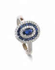 Anillo Zafiro Oval con triple Halo de Diamantes y Zafiros oro blanco