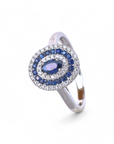 Anillo Zafiro Oval con triple Halo de Diamantes y Zafiros oro blanco