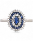 Anillo Zafiro Oval con triple Halo de Diamantes y Zafiros oro blanco