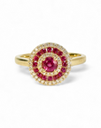 A pedido - Anillo Solitario Rubí Halo triple de brillantes y rubís en oro amarillo 18K