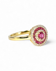 A pedido - Anillo Solitario Rubí Halo triple de brillantes y rubís en oro amarillo 18K
