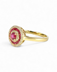 A pedido - Anillo Solitario Rubí Halo triple de brillantes y rubís en oro amarillo 18K