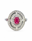 Anillo Solitario Rubí oval doble halo brillantes