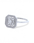 Anillo Sophia Schneider Joyas estilo Art Deco en oro blanco 18K con diamante central y halo de diamantes brillantes