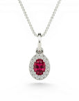 Sophia Schneider Joyas 14K white gold necklace with oval ruby halo diamond pendant.