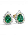 Aros stud Sophia Schneider Joyas de oro 14K con esmeralda en corte pera y halo de brillantes