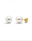 Aros de perla natural de 10 mm con poste de oro amarillo 18K hechos a mano por Sophia Schneider Joyas