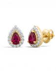 Aros stud Sophia Schneider Joyas de oro 14K con rubí en corte pera y halo de brillantes