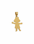 Colgante de oro amarillo 18K de niña personalizable de Sophia Schneider Joyas. Diseño de figura infantil con brazos extendidos.