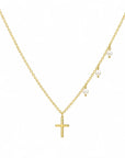 Collar Sophia Schneider Joyas de plata 925 bañada en oro con dije de cruz y tres perlas naturales colgantes