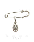 Sophia Schneider Joyas silver safety pin brooch with oval Miraculous Medal charm.