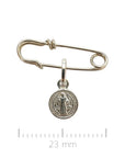 Sophia Schneider Joyas silver safety pin brooch with San Benito medal, 3.8cm long.