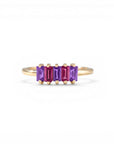 Sophia Schneider Joyas 14K gold ring with five baguette-cut amethyst and rhodolite stones.