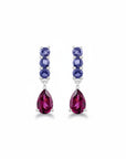 Sophia Schneider Joyas 14K gold earrings with pear-cut rhodolite and round iolite gemstones.