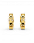 Sophia Schneider Joyas 18K gold oval hoop earrings with diamond accents and textured pyramid details, 13x15mm.