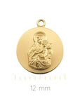 Sophia Schneider Joyas 18K gold scapular medal featuring a religious depiction of Mary and Jesus, 12mm diameter.