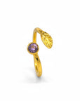 Sophia Schneider Joyas gold-plated adjustable ring with amethyst stone and leaf design.