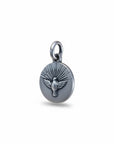 Sophia Schneider Joyas round 12mm Holy Spirit medal in sterling silver, featuring a dove with radiating rays.