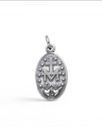 Sophia Schneider Joyas oval 16mm sterling silver medal with Virgin of the Rays and Sacred Heart design.