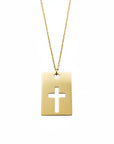 Collar Sophia Schneider Joyas de oro amarillo 18k con placa rectangular y cruz calada central. Cadena fina de 45 cm.