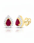 Sophia Schneider Joyas 14K gold pear-cut ruby halo stud earrings with diamond accents.