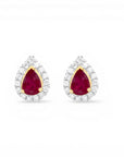 Sophia Schneider Joyas 14K gold pear-cut ruby halo stud earrings with diamonds.