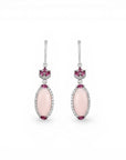 Sophia Schneider Joyas silver drop earrings with oval pink opals, rhodolite, and cubic zirconia.