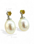 Aros stud citrino con perla oval colgante en oro 14K