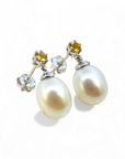 Aros stud citrino con perla oval colgante en oro 14K