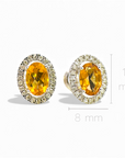Aros stud citrino oval halo brillantes oro blanco 10K