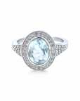 Anillo Solitario Aguamarina Oval 1,5 Ct en bisel y halo de brillantes