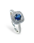 A pedido - Anillo Solitario Zafiro Redondo Doble Halo de Diamantes
