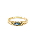 A pedido - Anillo Tricillo Topacio Azul Navette Grifa y Zafiro Amarillo Bisel