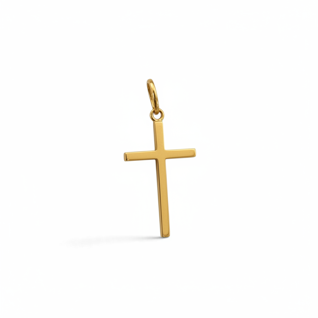 Colgante de cruz minimalista en oro de 18K de Sophia Schneider Joyas, medidas 15x28 mm y acabado pulido brillante.