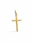 Colgante de cruz minimalista en oro de 18K de Sophia Schneider Joyas, medidas 15x28 mm y acabado pulido brillante.