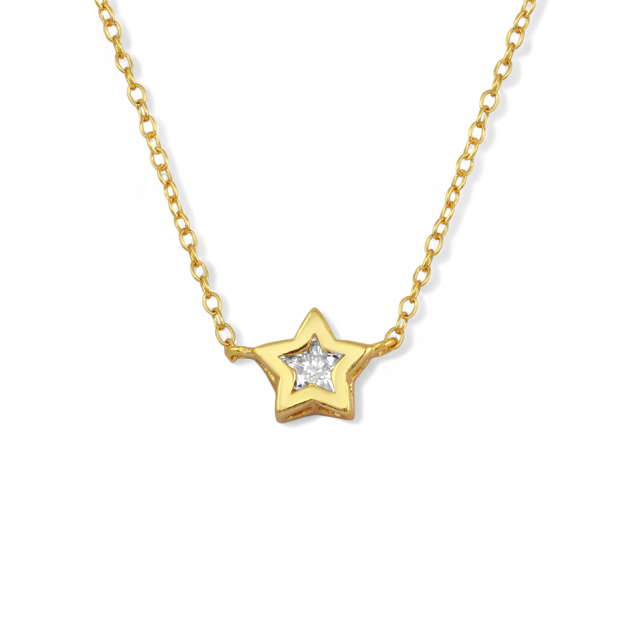 Collar cadena con circón en bisel estrella Plata 925 Bañada Oro